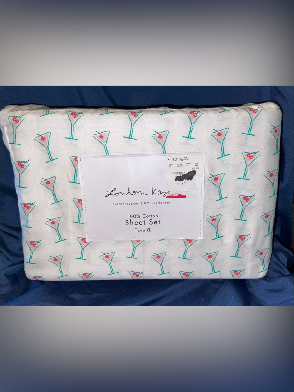 London Kaye Twin XL 100% Cotton Sheet Set - Martini Print White with Teal & Pink